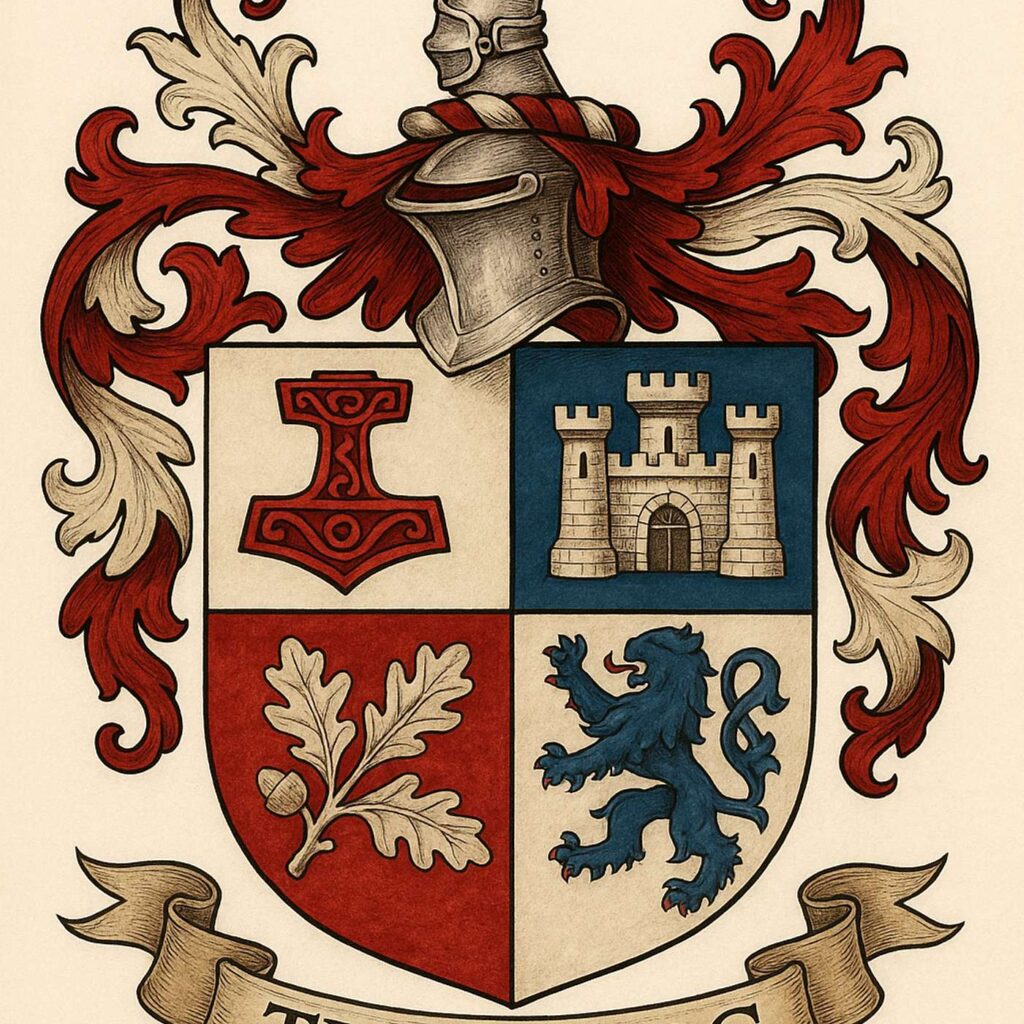Et våbenskjold med hjelm, ornamenter og fire felter med dyr og bygninger.