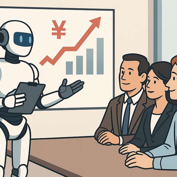 Illustration af en robot, der viser en stigende graf til tre personer ved et bord.