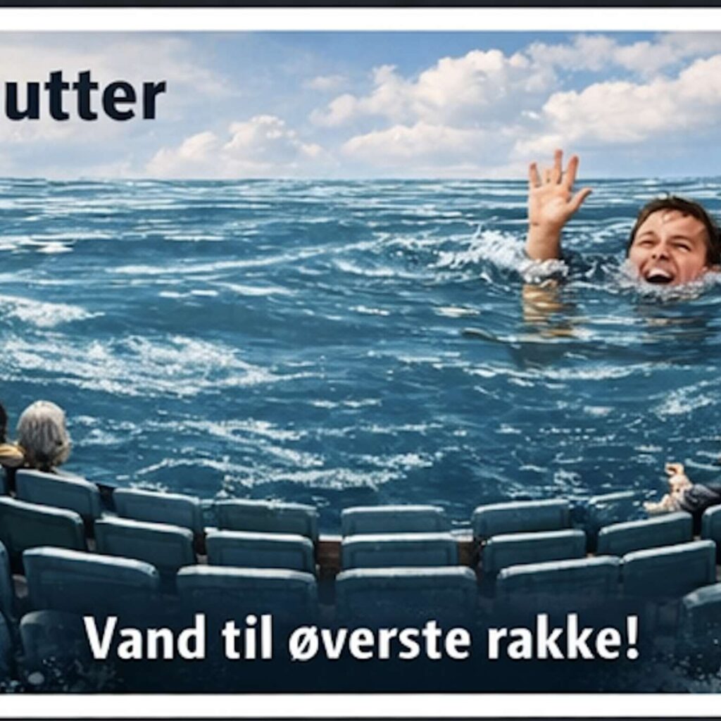 Billedmontage med en mand i havet foran biografs&aelig;der og teksten Vand til &oslash;verste r&aelig;kke!