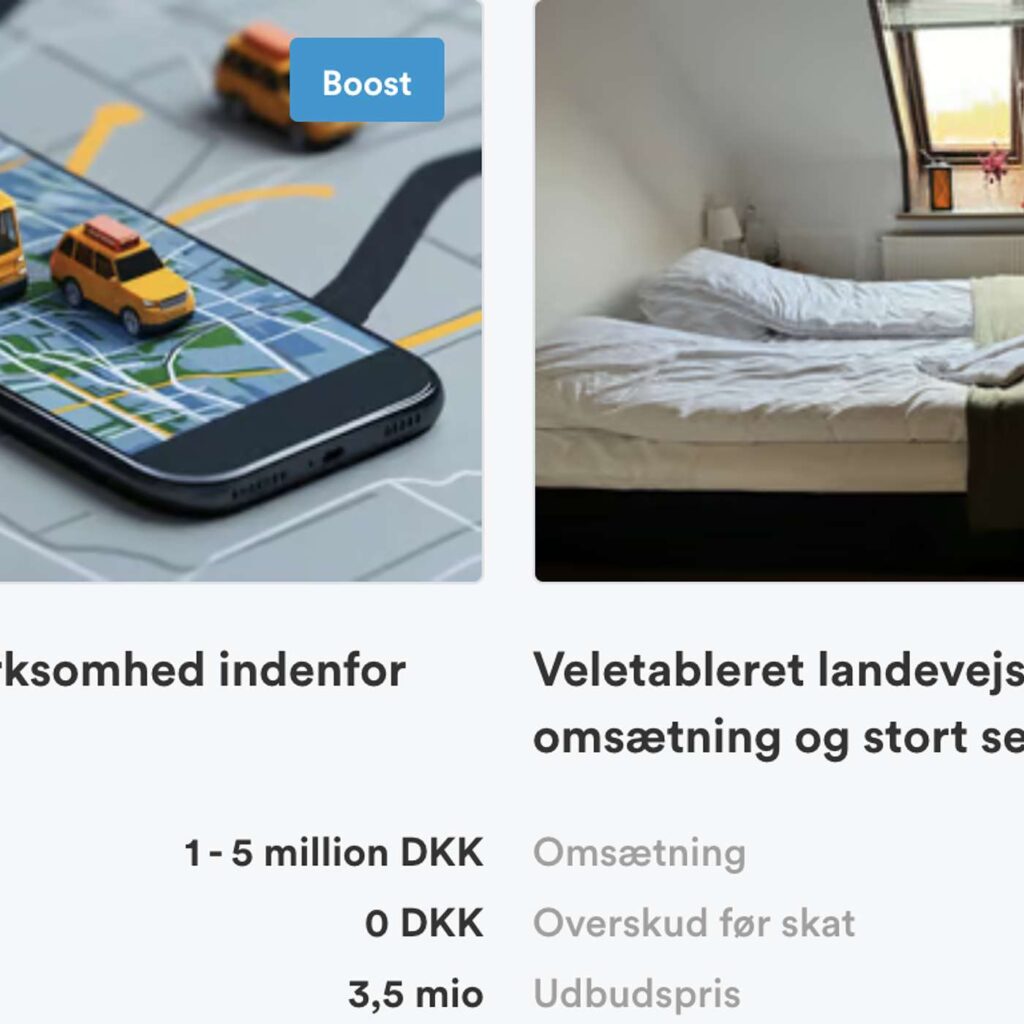 Sk&aelig;rmbillede af virksomheder til salg med billeder og &oslash;konomiske oplysninger.